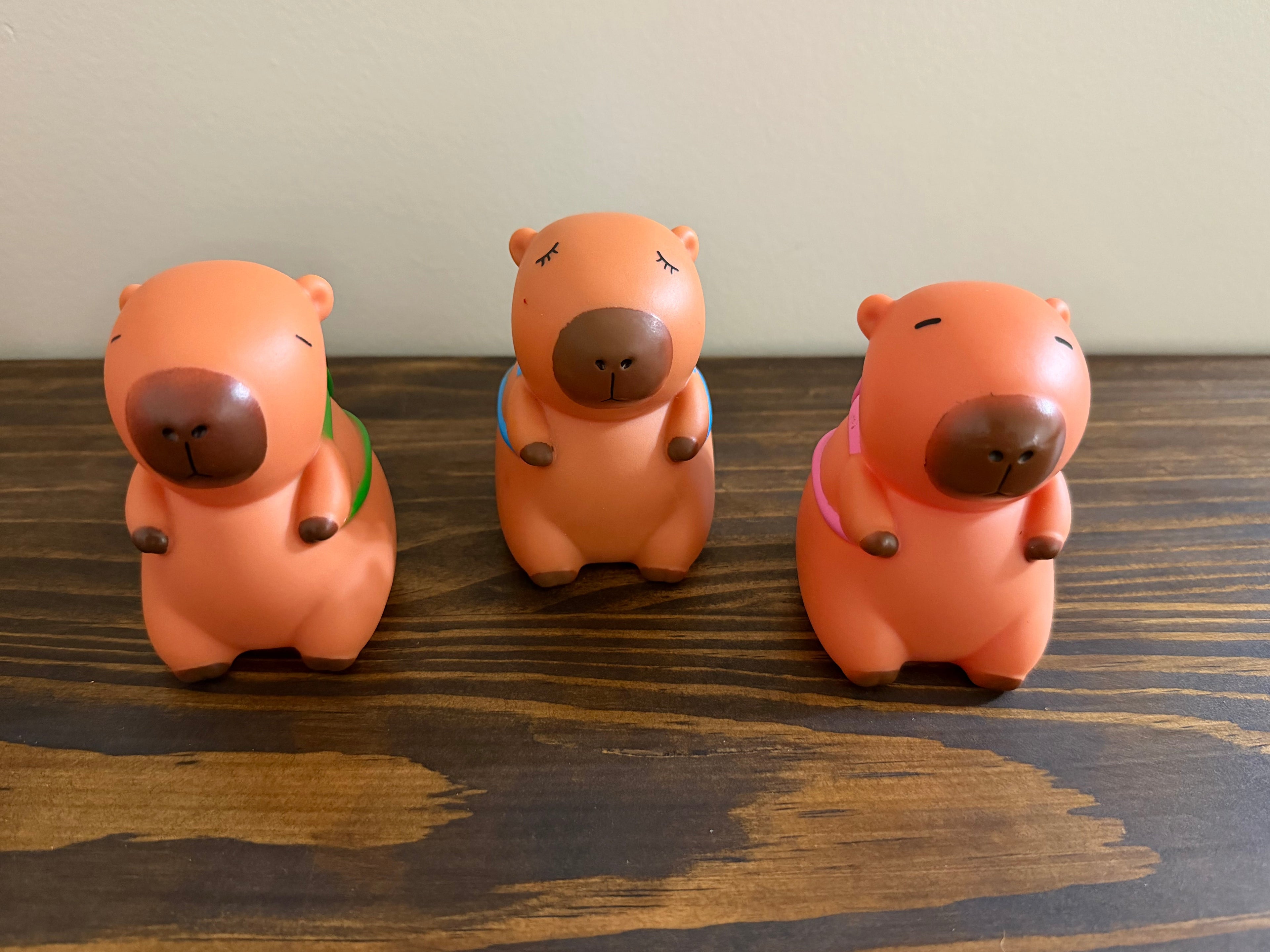 Back view of capybara squeeze toy showing green animal friend on its back