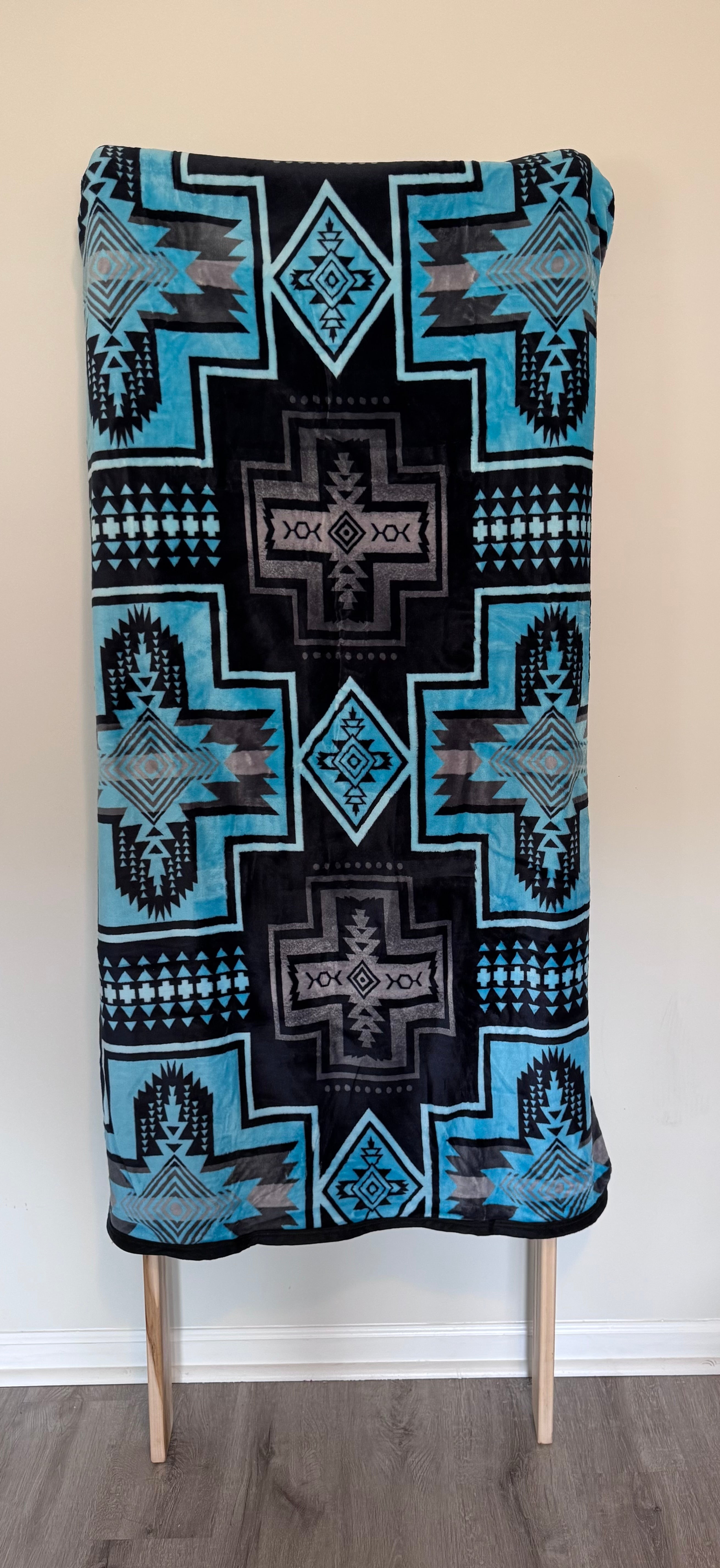 Teal & Black Aztec Cross Flannel Blanket