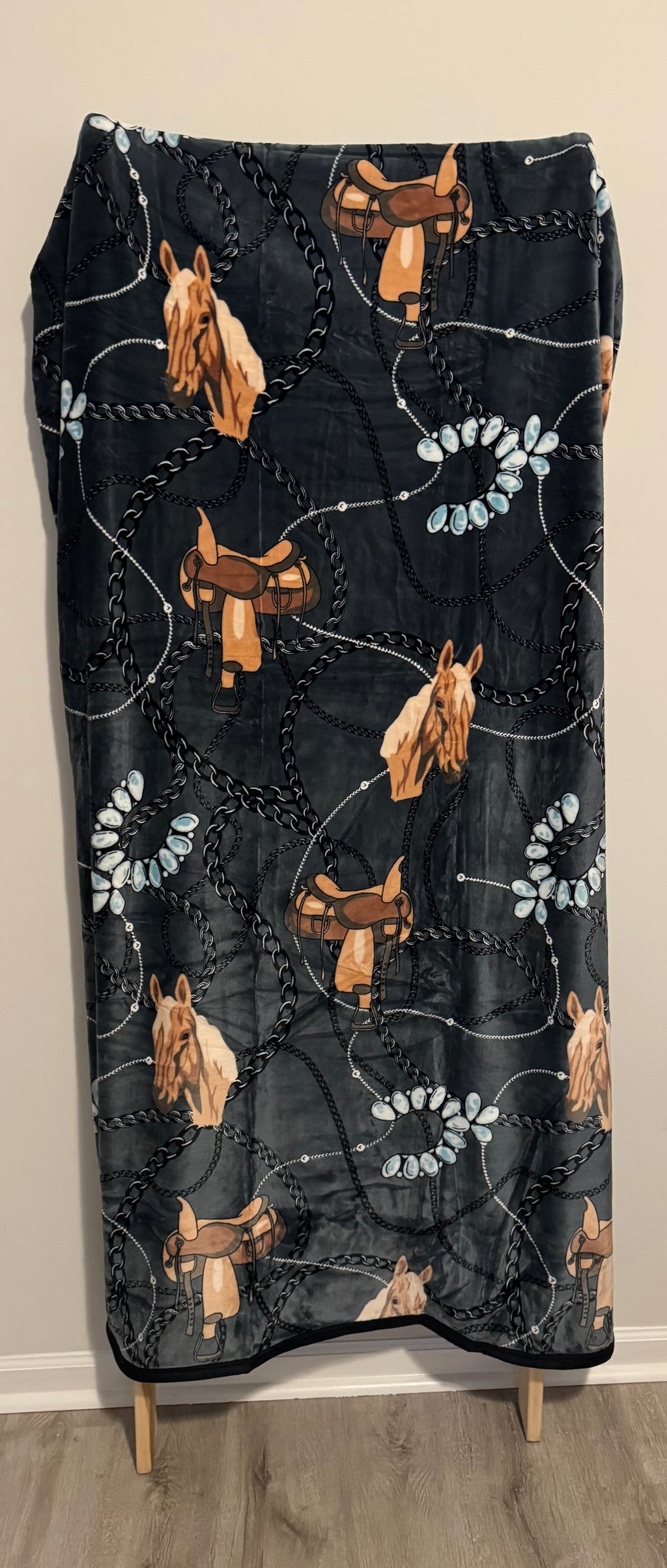 Black Western Horse Flannel Blanket