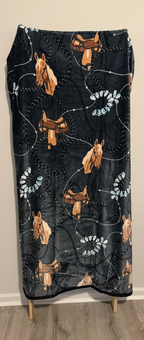 Black Western Horse Flannel Blanket