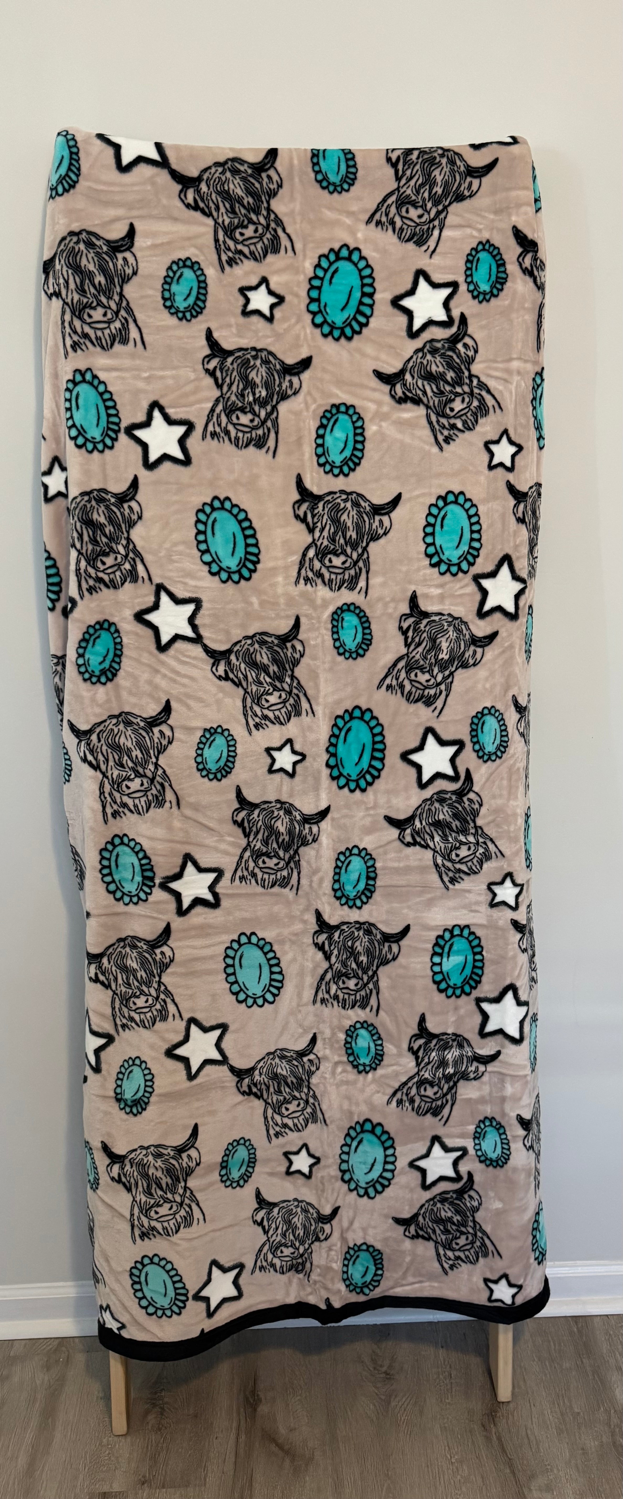 Highland Cow Turquoise Stone Flannel Blanket
