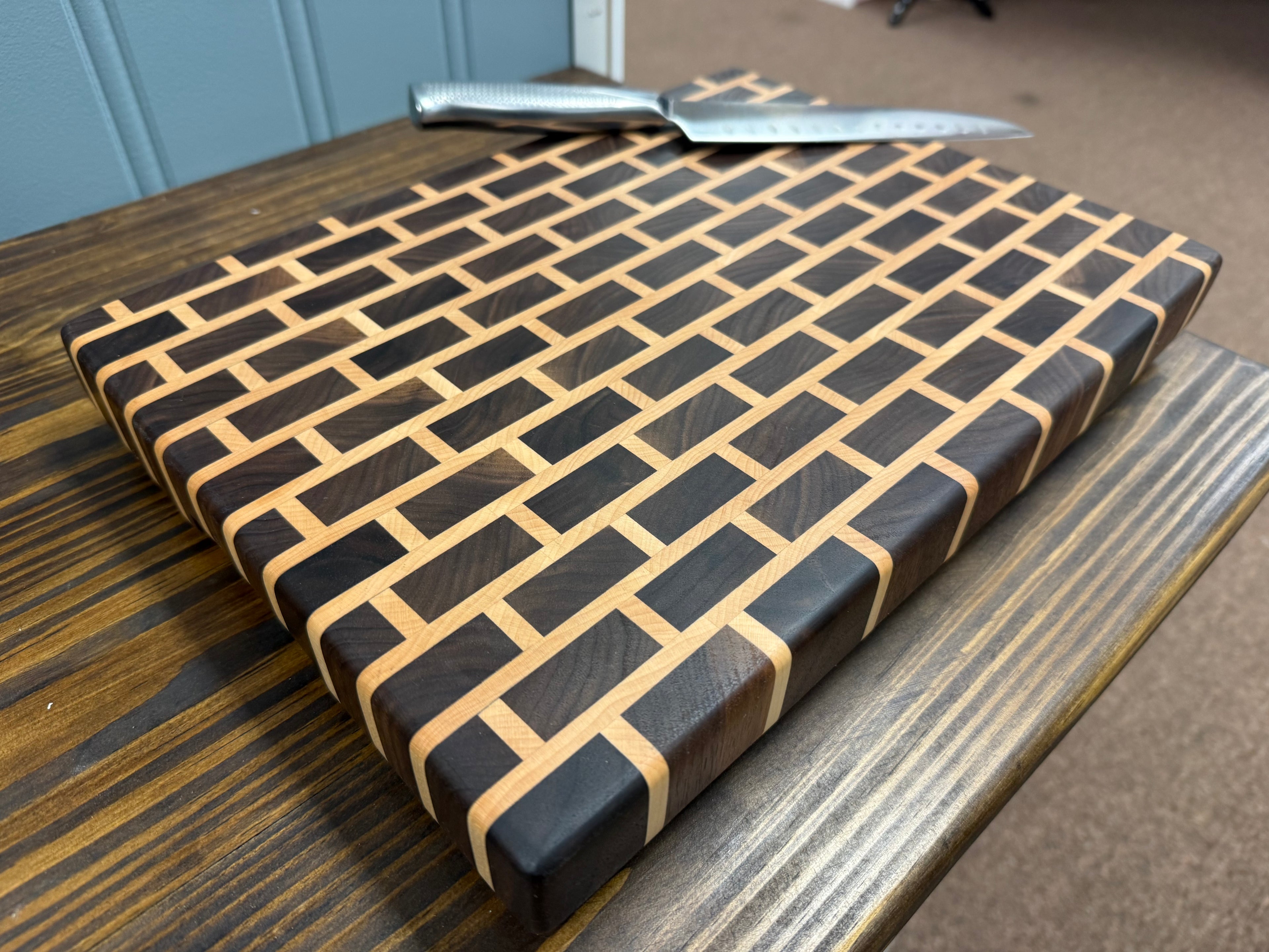 Handmade End Grain Brick Pattern Cutting Board - Walnut & Maple