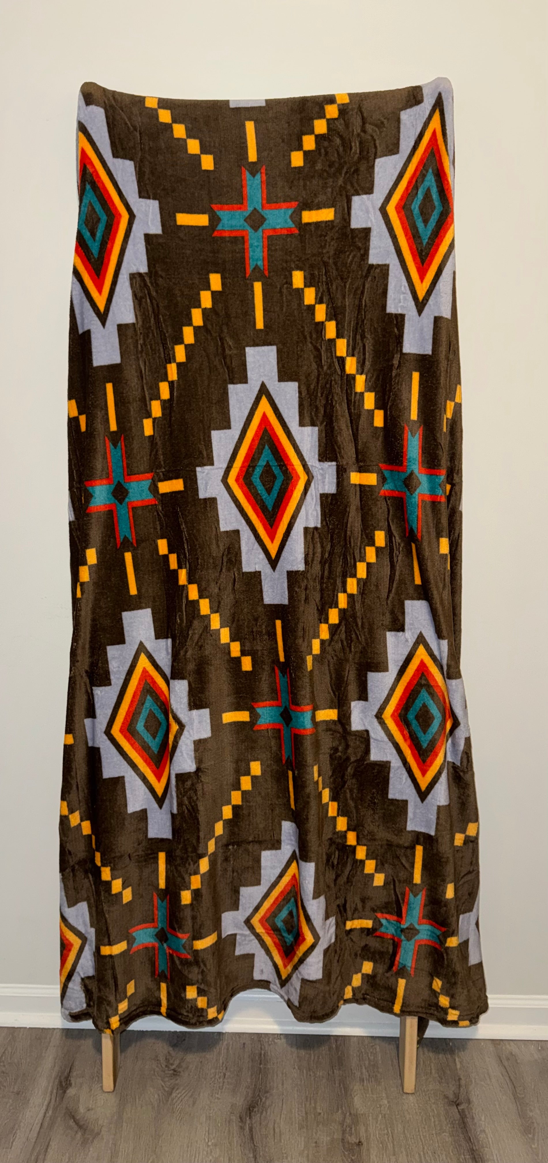 Southwestern Aztec Fleece Blanket - Brown & Turquoise