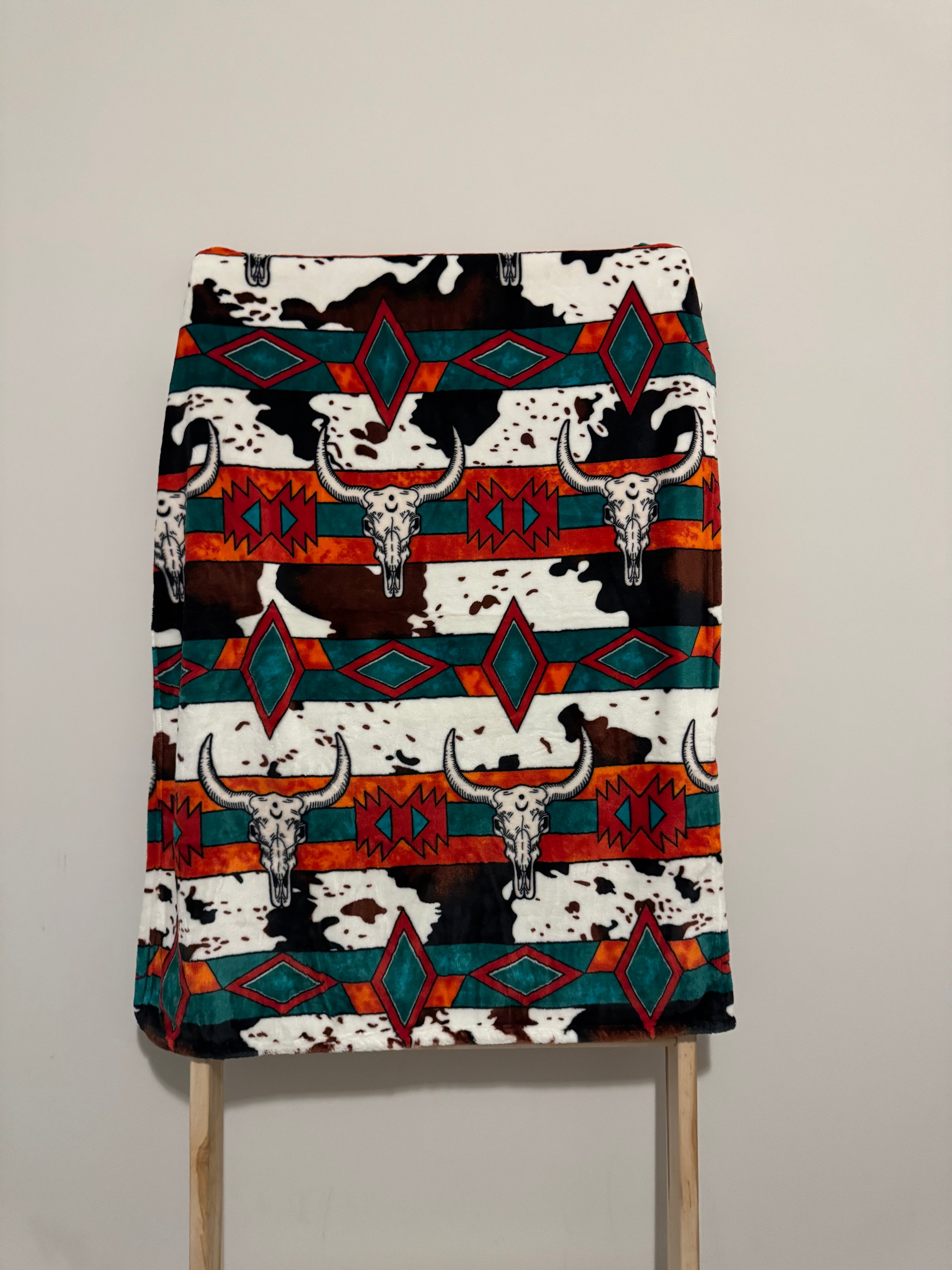 Southwestern Baby Flannel Blanket - Longhorns & Aztec